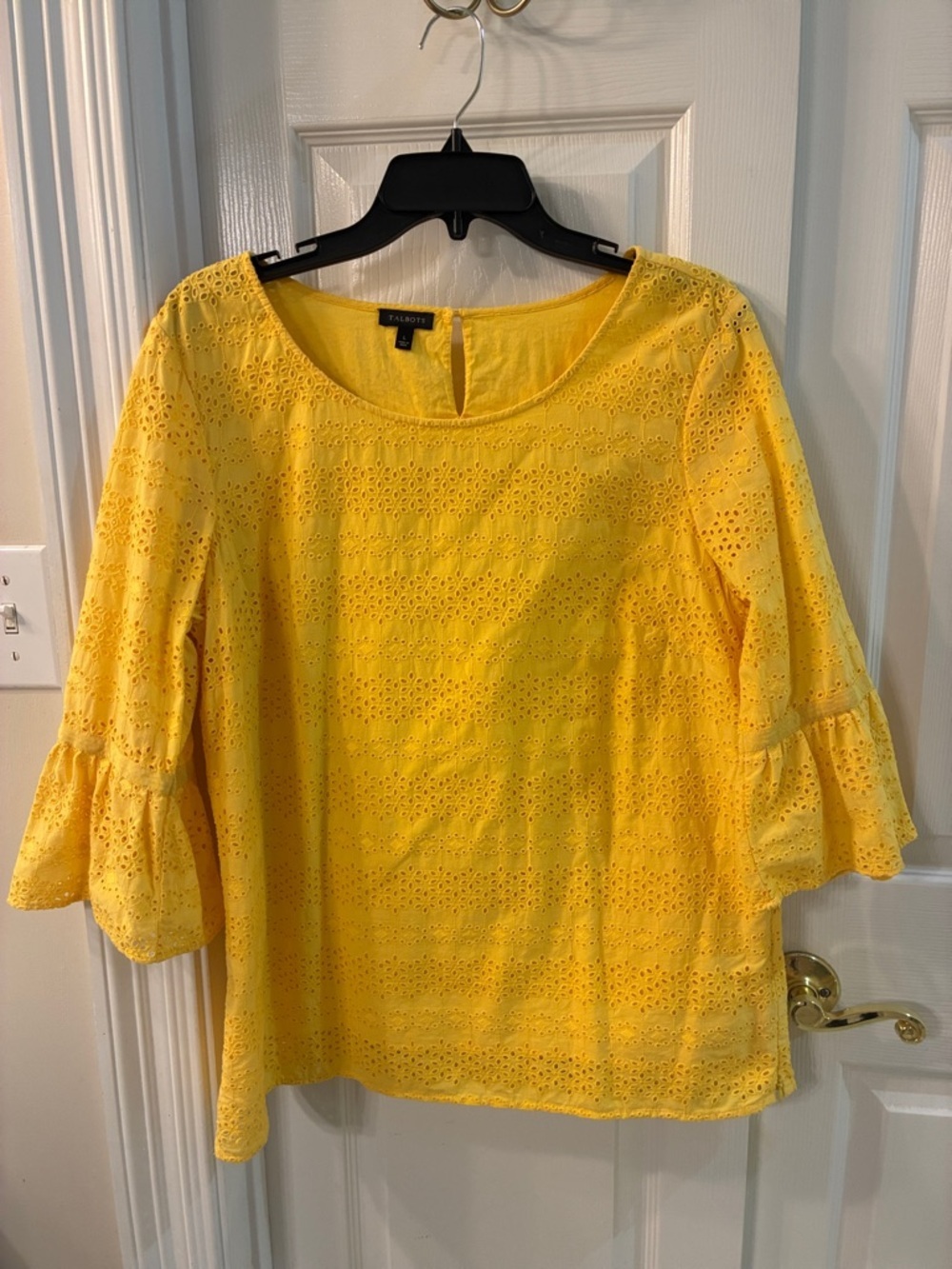 Talbots Bright Yellow Eyelet Bell-Sleeve Cotton Blouse SZ L